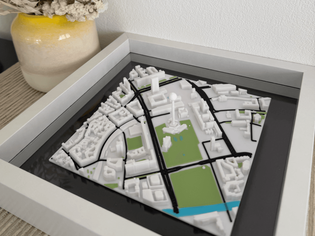 Physical city map with raised buildings